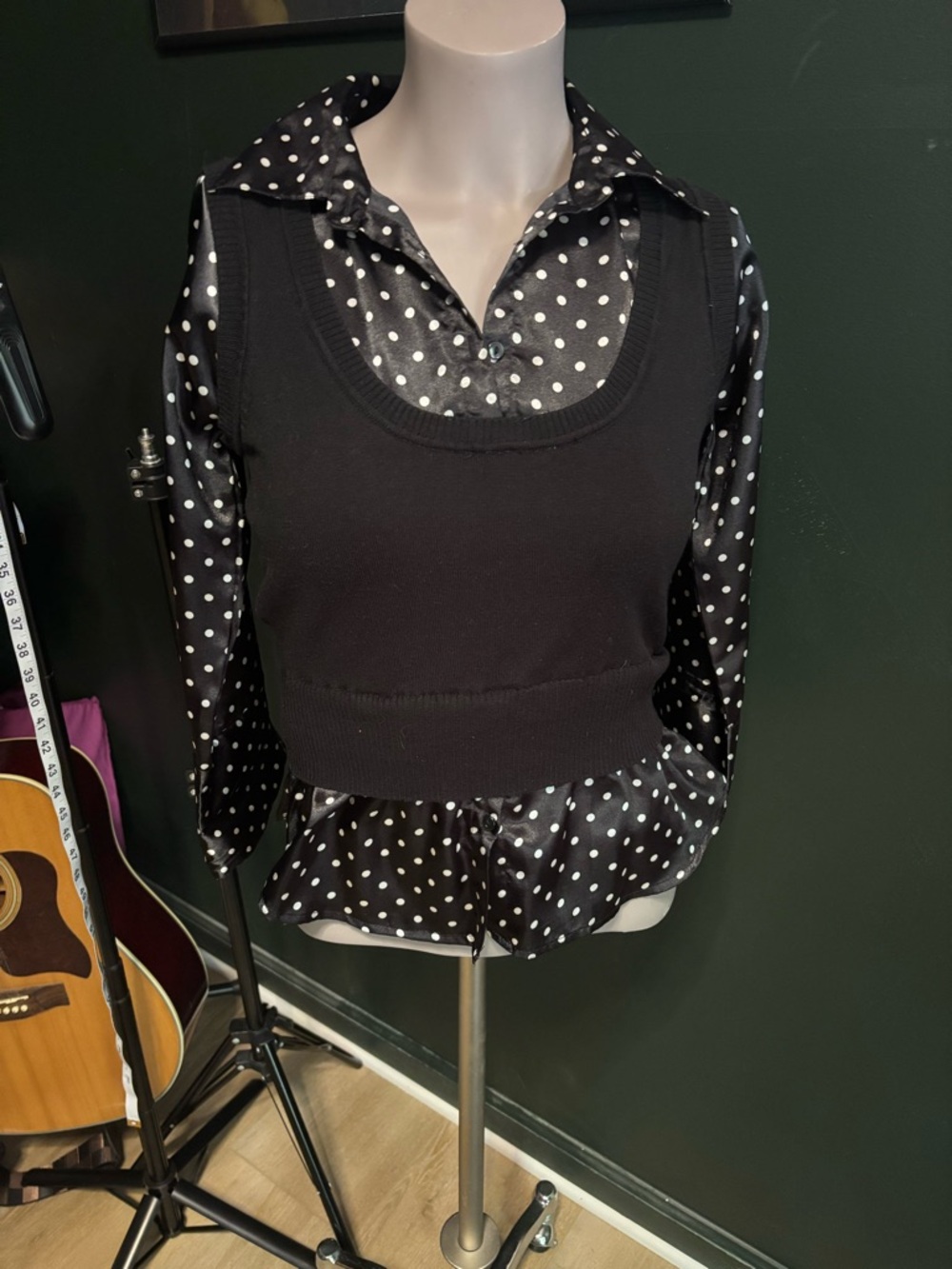 Copper Key Black Polka Dot Blouse with Black Knit Vest